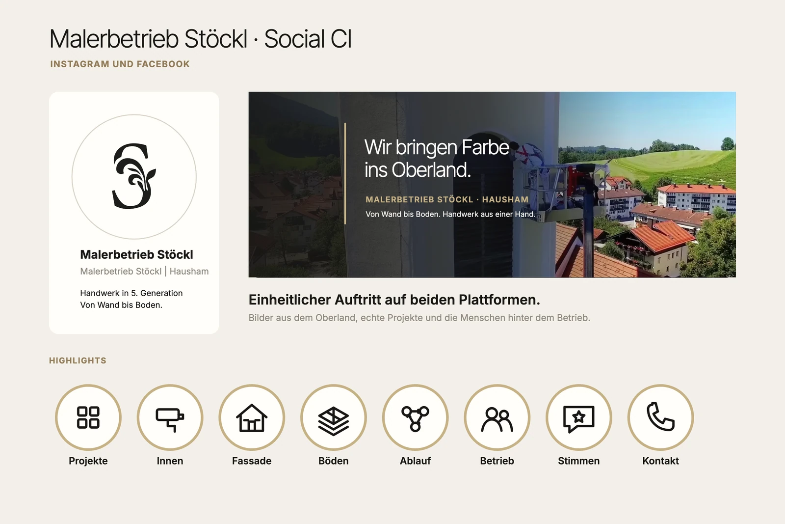 Original social identity board for Malerbetrieb Stöckl: profile image, regional cover design and story highlights